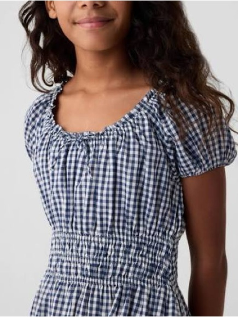 Doen x GAP Girls Blue Gingham Smocked Waist Casual Dress navy blue white XS 4